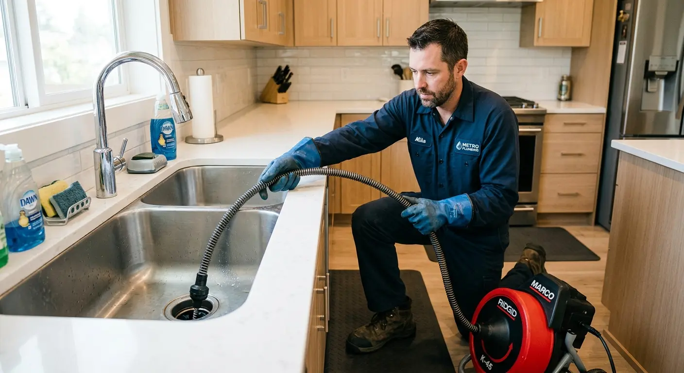 Drain cleaning technician using a motorized snake on a kitchen sink in Melrose