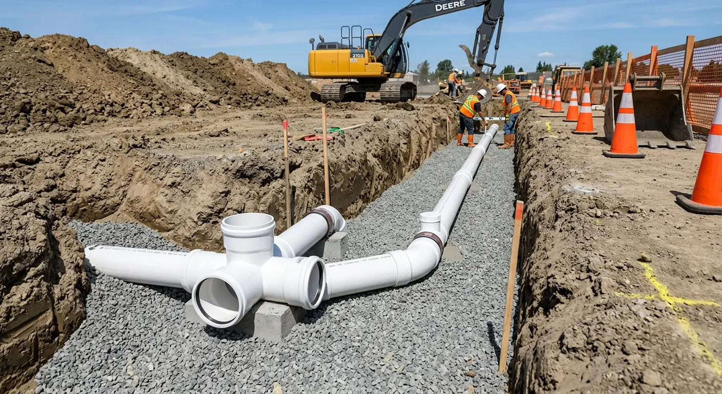 New PVC sewer pipe installation in open trench for Commercial Drain Cleaning in Melrose