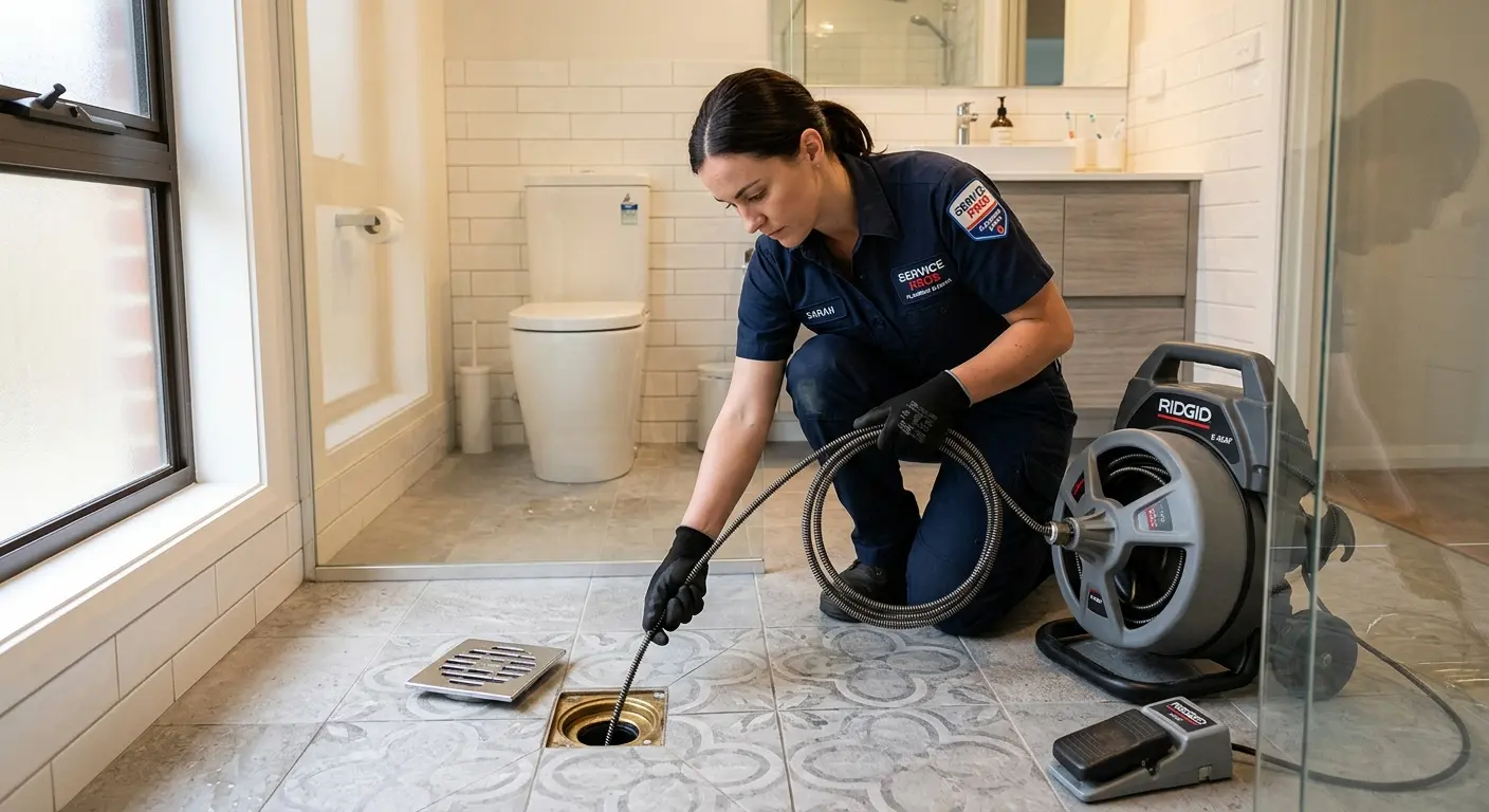 Technician clearing a bathroom floor drain for Clogged Drain Repair in Melrose
